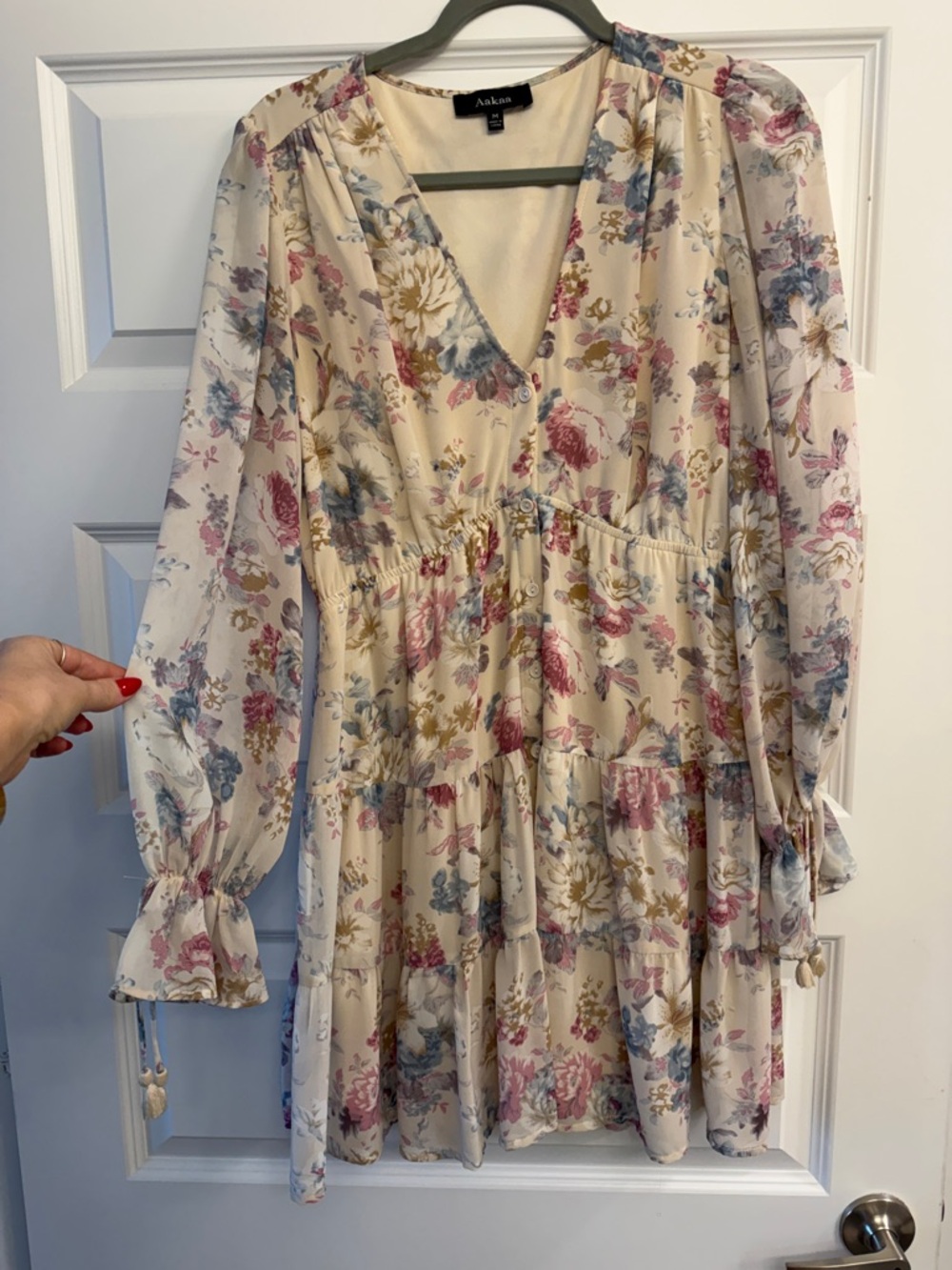 Aakaa Cream Floral V-Neck Tiered Long-Sleeve Dress with Pink & Blue Accents